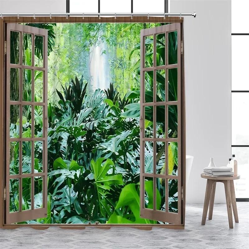 300x180CM Landscape Shower Curtains Green Plants Palm Tree Waterfall Forest Nature Scenery Home Bathroom Curtain Decor Set