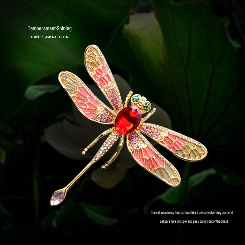 

Retro European & American Enamel Dragonfly Brooch with Micro-Set Diamonds - Metal Pin for Coat, Suit, or Corsage.