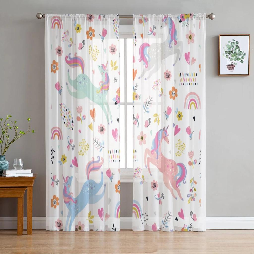 Cartoon Cute Unicorn Tulle Sheer Window Curtains For Living Room The Bedroom Modern Chiffon Voile Curtains Fabric Drapes
