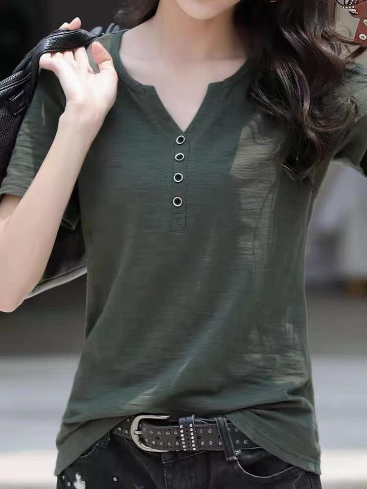 Women Summer V Neck Short Sleeve T-shirt Solid Color Waist Slim Korean Style Casual Commuter Blouse With Buttons