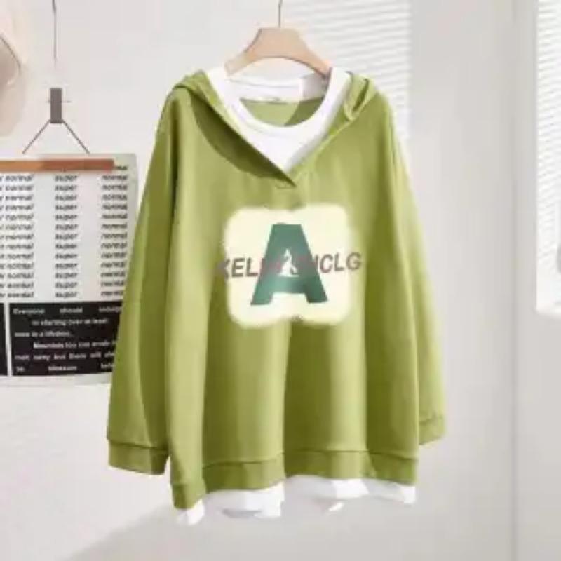 Fake Two-piece Hooded Splicing Casual Mid-length Fashion Long-sleeved Sweatshirt for Women's Print Versatile Pullover