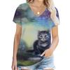 Cute Cat 3D Digital Printed Women's Casual and Comfortable V-neck Short Sleeved T-shirt