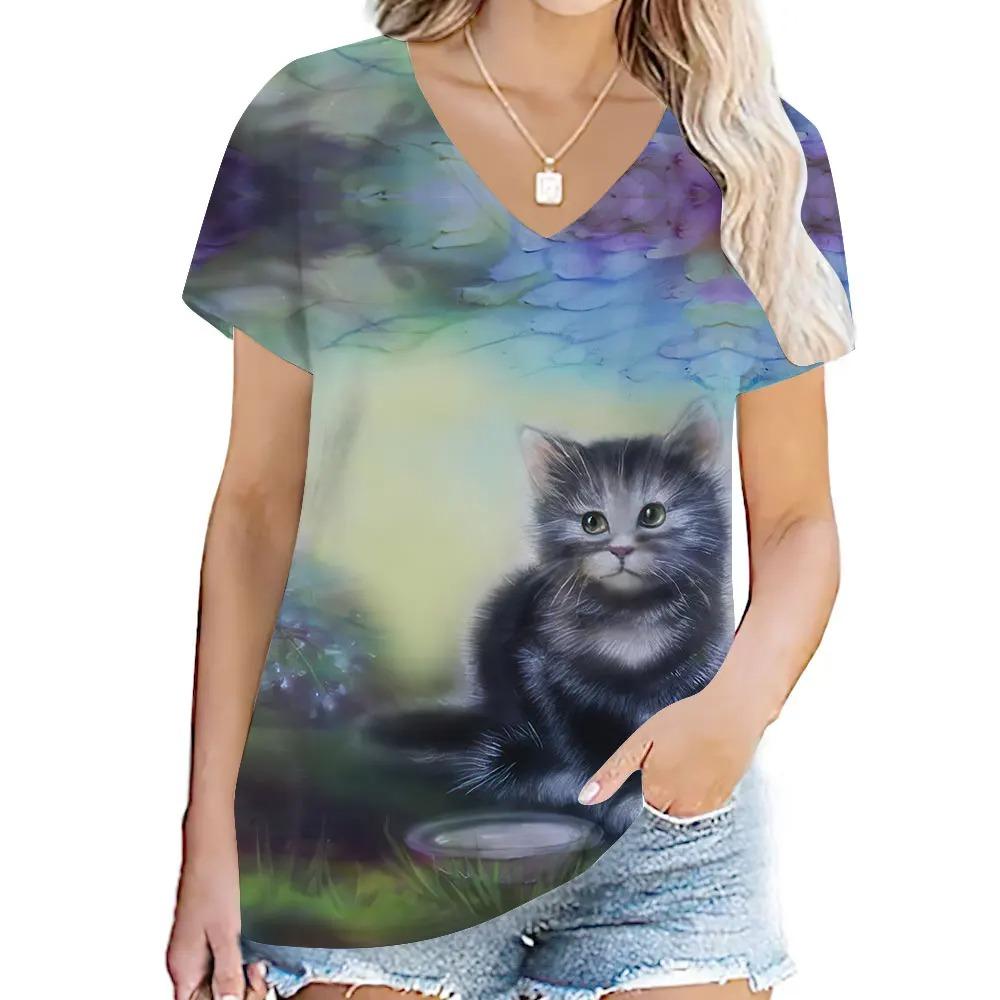 Cute Cat 3D Digital Printed Women's Casual and Comfortable V-neck Short Sleeved T-shirt