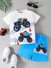 Cartoon Car Graphic Children's Sets Short Sleeve T-Shirt Fashion Suit for Girls Tops Round Neck Toddler Boy Clothing Child Sets