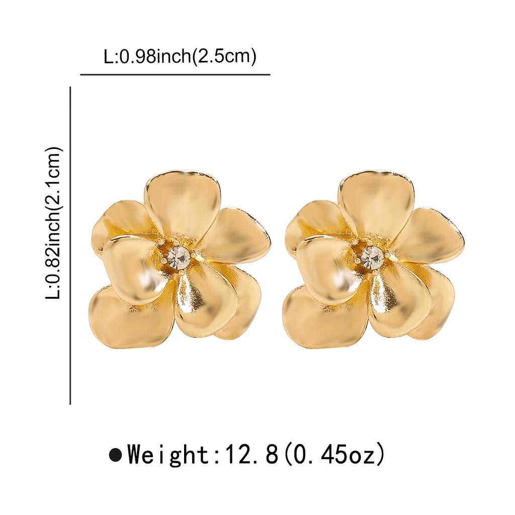 Women French Minimalist Design Metal Flower Stud Earrings Elegant Double Layer Flower Rhinestone Necklace Ring Jewelry