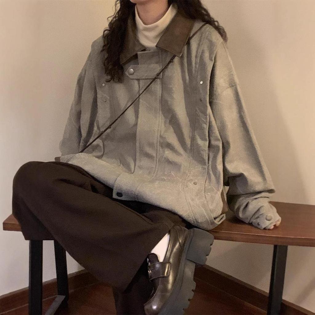 Women's Corduroy Patchwork Jacket - Retro Turn-Down Collar, Distressed High Street Style, 2025 Spring/Autumn Trend