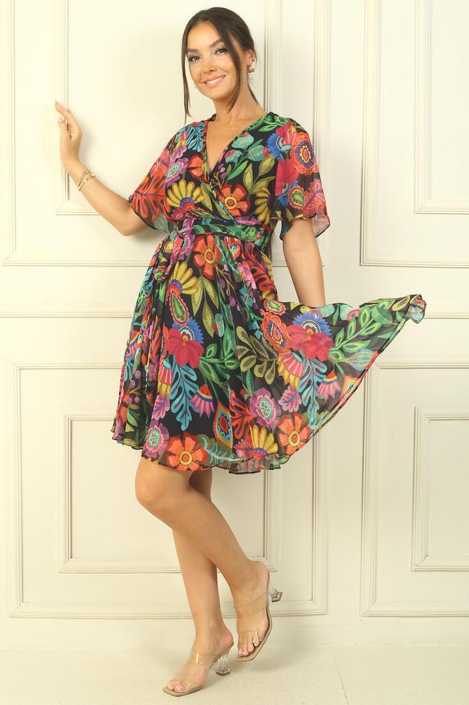 Double Breasted Collar Flounce Sleeve Lined Waist Belted Fresh Pattern Chiffon Short Dress