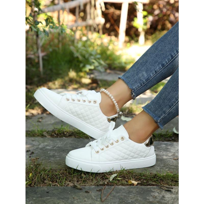 Sneakers Women's Lace-Up Round Toe Casual Shoes with Gold Accents