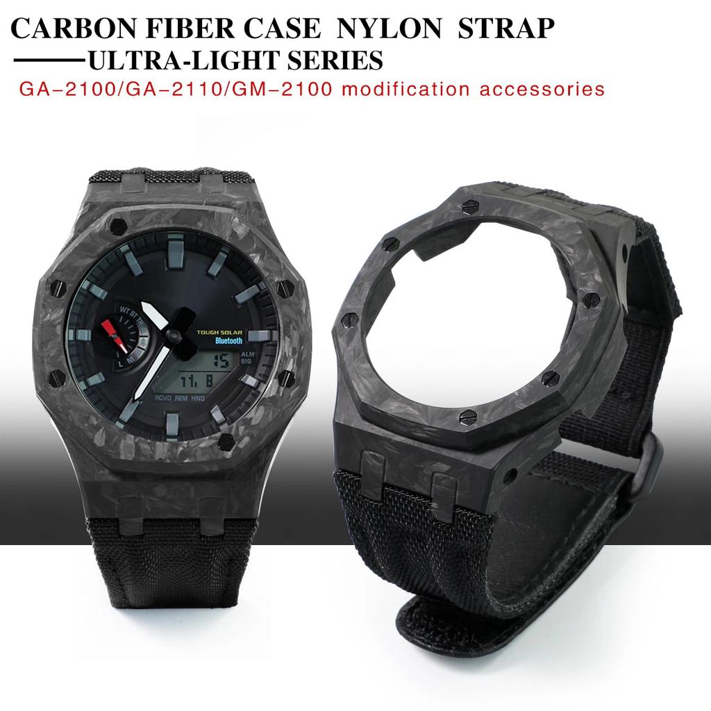 GA-2100 Carbon Fiber Case & Nylon Strap Set for Casio GA2100/2110/B2100/GM2100/GBM2100-Shock Resistant Watch Mod Kit Accessories