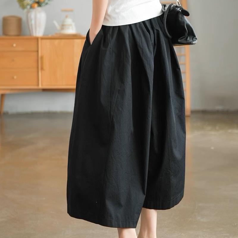 Khaki Ladies's Pants Pure Cotton Casual Loose Elastic Waist Wide Leg Pants Ladies Summer Retro Black Skirt Pants