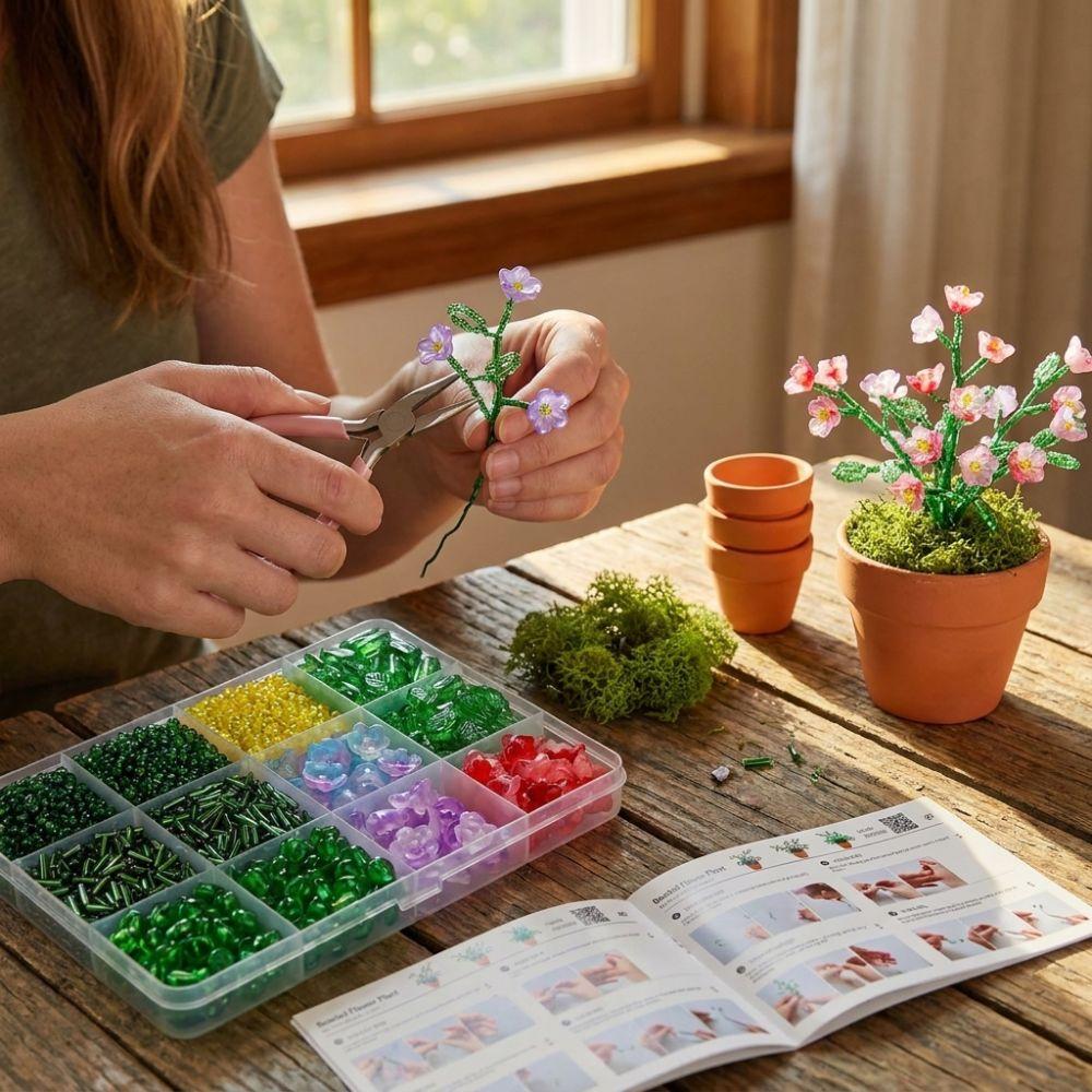 Self-make Beaded Flower Leaf Craft Set Succulent Cactus Glass Bead Floral Craft Box Jewelry Making