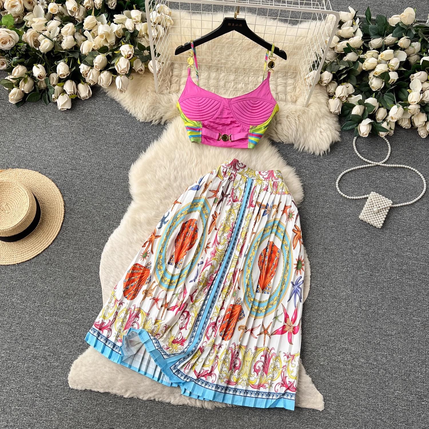 

Летний сексуальный барочный цепочный принт из двух предметов, праздничный комплект, женский простой бюстгальтер с металлической пряжкой, укороченный топ на тонких бретельках + плиссированная юбка-миди, наряды XXL розовый