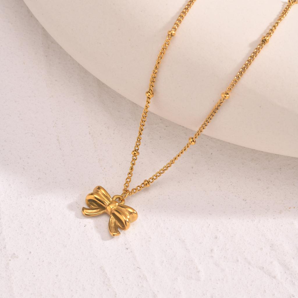 Gold Plated Charm Necklace,Stainless Steel Bow Pendant Necklace for Women,Trendy Charm Waterproof Wedding Choker Jewelry