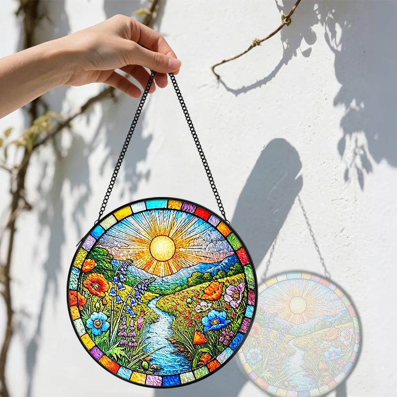 2D Flat Stained Glass Sun Flower Lakeside Window Decoration, 6.3/7.87inches Colored Glass Plate with Chain, Charming Indoor/Outdoor Sun Catcher Home