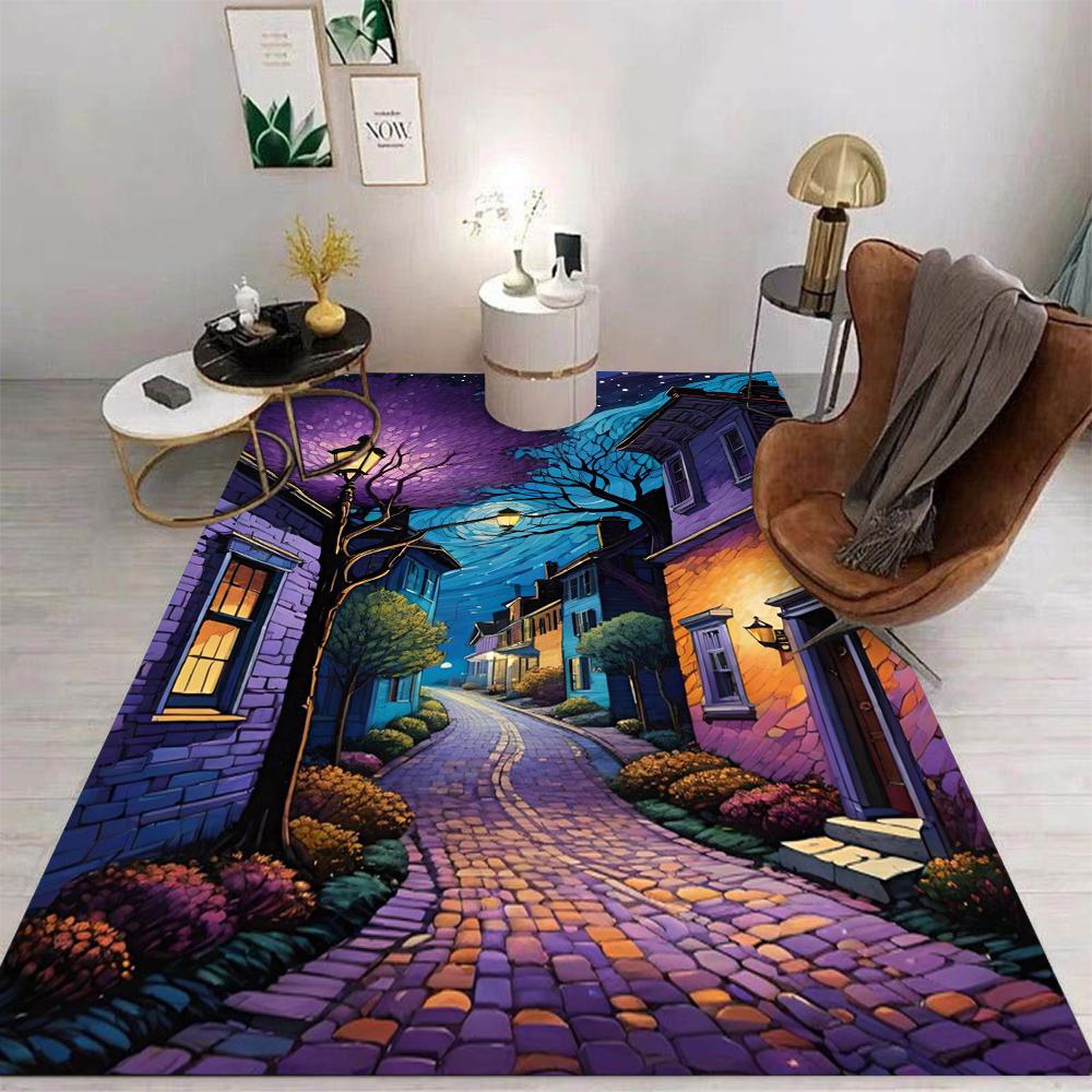 Fantasy Night Scenery Floor Mat Various Styles With Magical River Town Street Village Christmas City Scenes Rug For Home Decor