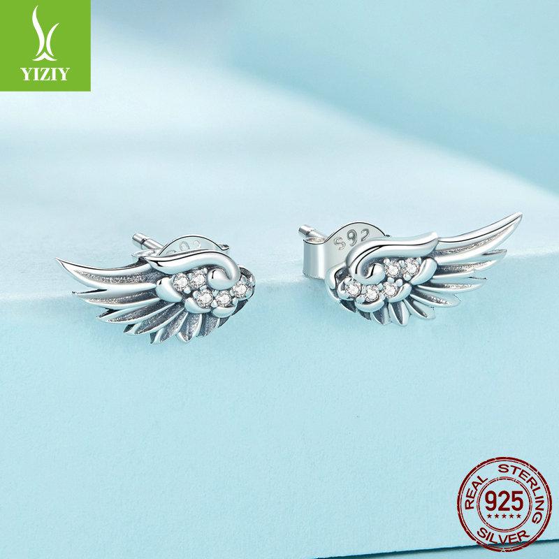 Silver Ziyun Original S925 Angel Wing Earrings with Inlaid Zircon - Unisex Retro Design.