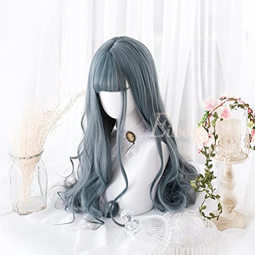 Eileen Long Curly Blue Wig, Perm, Full Wig, Natural Texture, Fluffy, Heat-Resistant, Perfect for a Wind-Chasing Girl with a Smaller Face, Cute