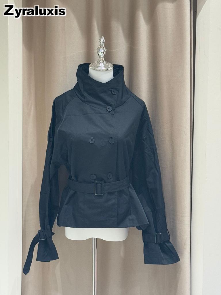 New Arrival Women's Elegant Stand Collar Double-breasted Waist-tied Short Trench Coat