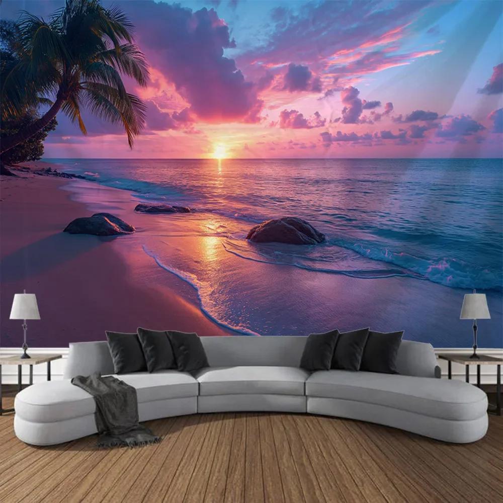 

Sea view tapestry printed hanging painting coconut tree sunrise home decoration yoga mat bed sheet living room wall hanging 74x94cm(29x37in)