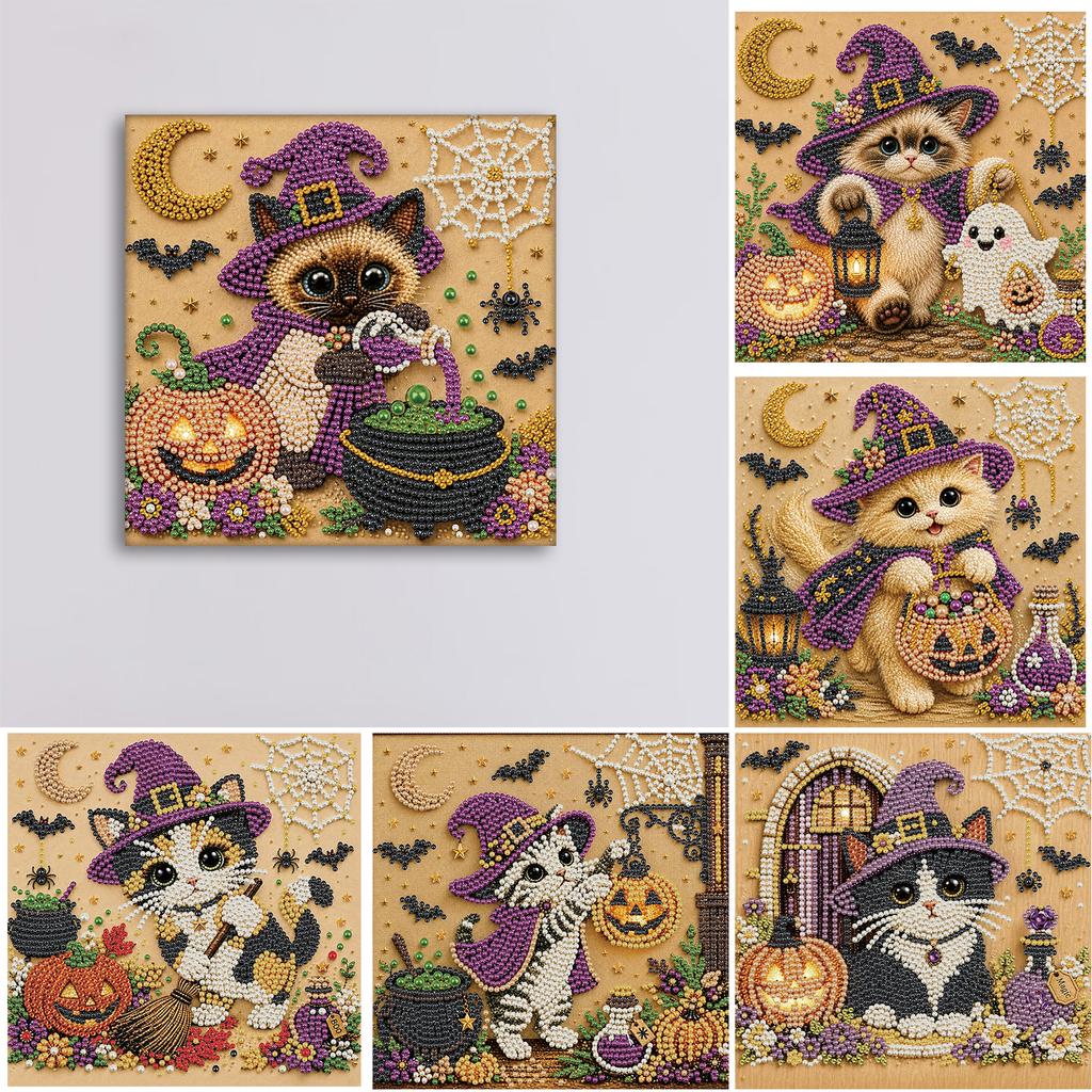 Full Drill Pearl Painting Kit with Frame 20x20cm Halloween Animal DIY Bead Art 3D Sparkling Wall Decor