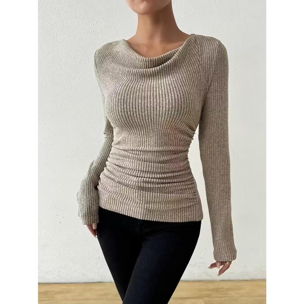 Suéter de Color Sólido para Mujer Otoño Invierno de Punto de Manga Larga Top Casual