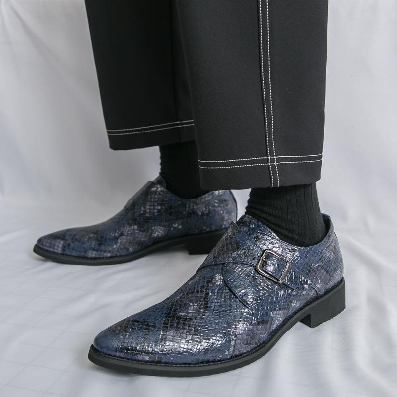 Large Size Men's Shoes Buckle Snake Pattern Foot Leather Shoes Men's Summer British Casual Shoes Men's Smooth Pointed Small Leather Shoes