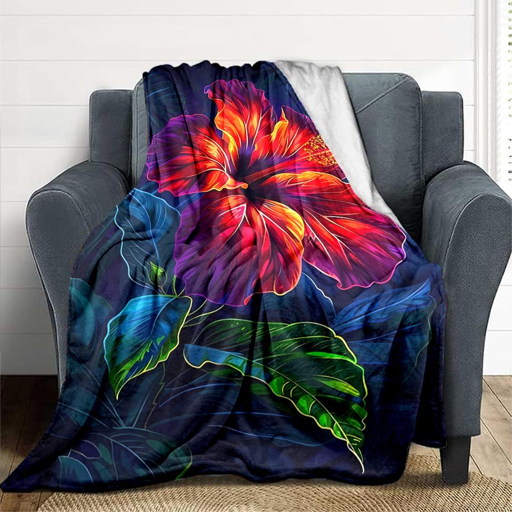1pc Hibiscus Bloom Lightweight Flannel Blanket, Comfortable and Warm Blanket, for Office and Camping Sofa Bed, Livingroom050