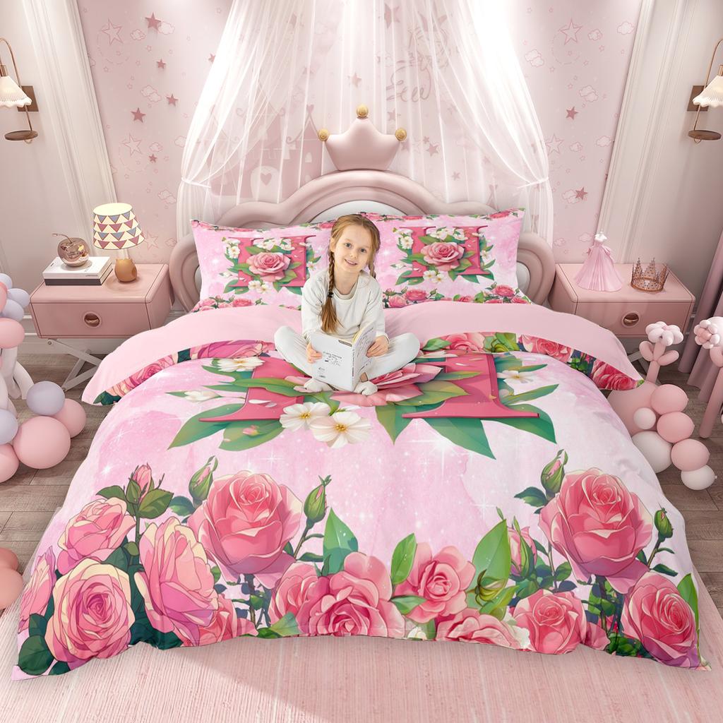 Homewish Girly Cute Pink Duvet Cover Set For Kids Girls Initial Letter A To T Bed Set Chic Floral Flower Quilt Cover Set