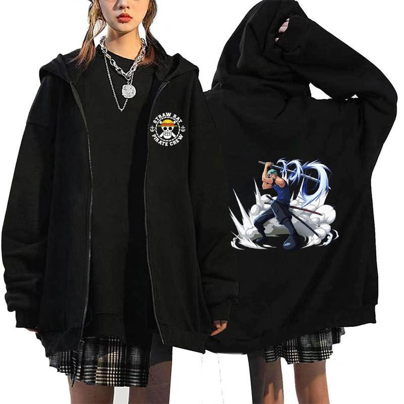Mens Oversized Hooded Zip-Up Sweatshirt With One Piece Anime Print Plus Size Fleece-Lined Casual Jacket Fall