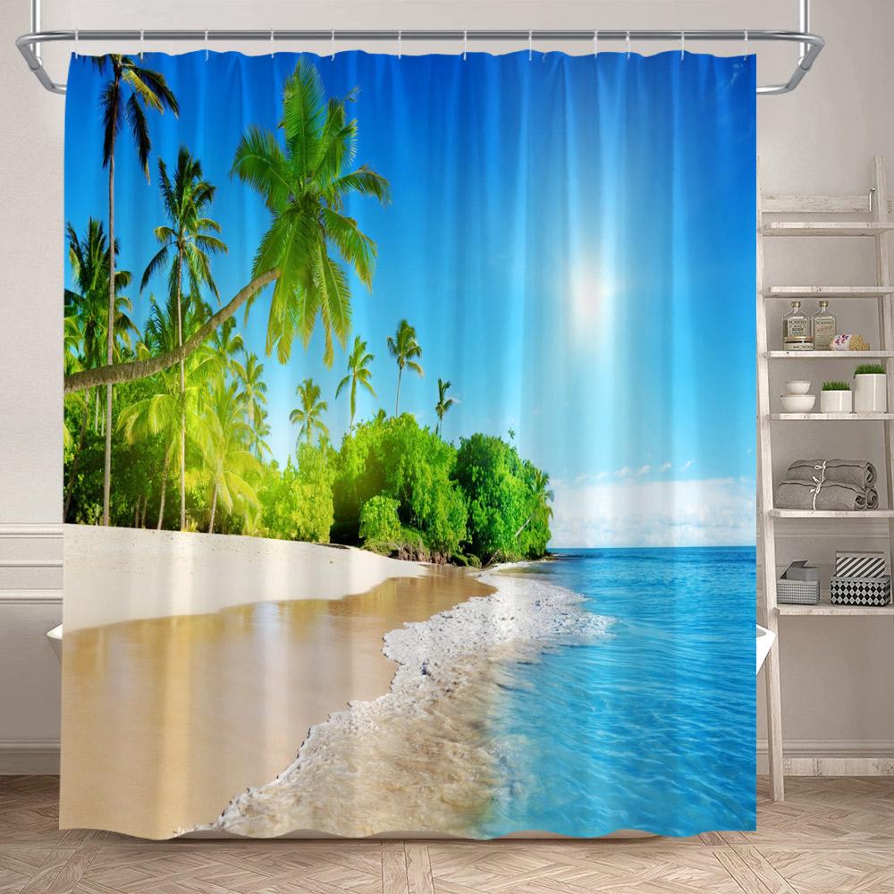 Hawaii Beach Shower Curtain Tropical Palm Leaves Blue Ocean Summer Holiday Nature Scenery Bathroom Curtains Polyester Home Decor