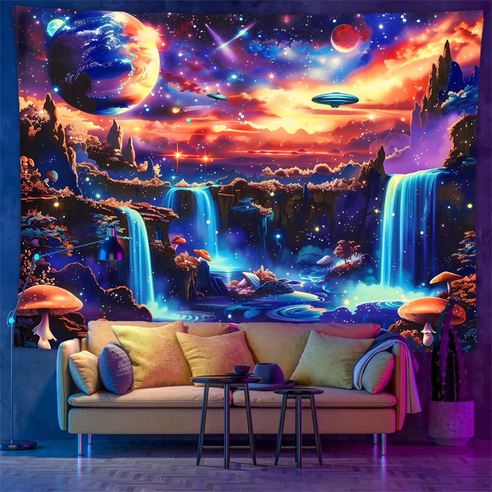 UV Reactive Mushroom Tapestry 2D Flat Printing Peach Skin Blacklight Fluorescent Psychedelic Waterfall Wall Hanging Dorm Decor