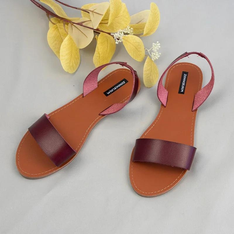 Fashion Sandals Women for 2025 Summer Beach Shoes High Quality Leather  Woman Flat Style Back Strap Brand Ladies Shallow Footwear