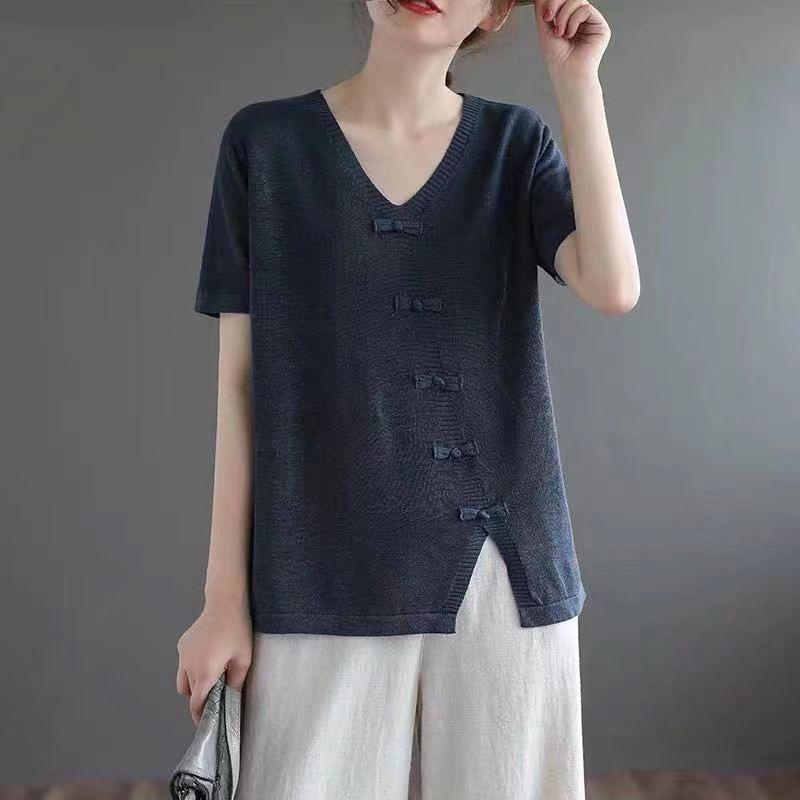 

2025 Spring Stylish Knit Short Sleeve Top – Elegant, Simple, Slimming, and Flaw-Concealing XXL сірий колір/синій