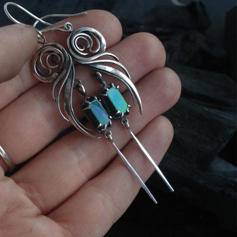 Geometric New Blue Green Square Zircon Earrings Hollow Metal Handmade Earrings