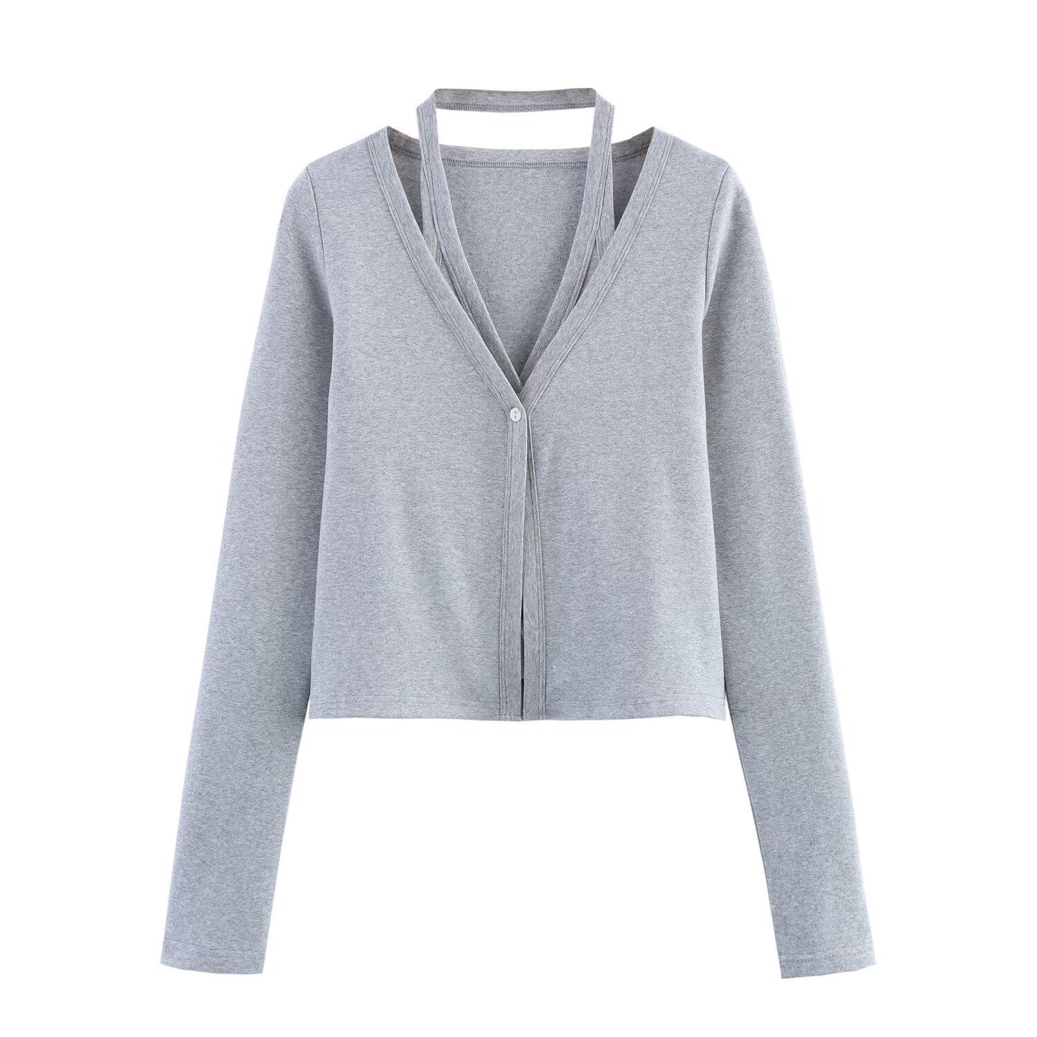 

Весна 2025 Женская мода в европейском и американском стиле: Простая футболка с халтером и многослойная куртка Extra Small серый