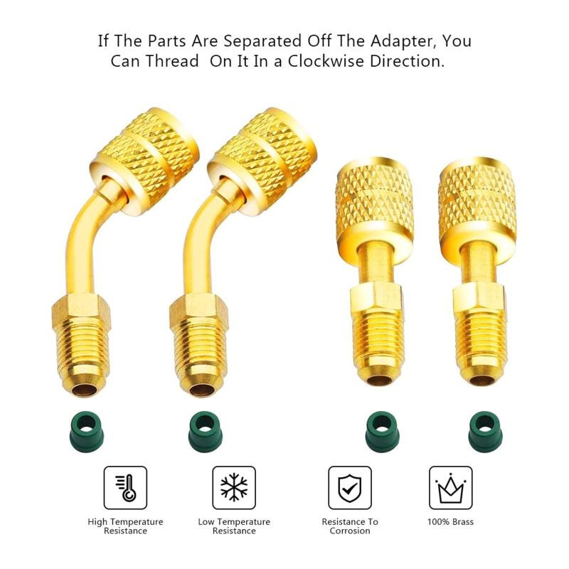 Messing-Adapter R410A Adapter 2 Gerade Adapter mit 2 Winkeladaptern 5/16 Zoll SAE-Innengewinde auf 1/4 Zoll SAE-Außengewinde