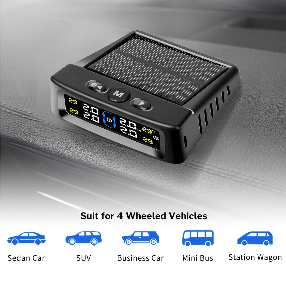 Dispositivo de alarma de presión de neumáticos para automóvil con sistema TPMS solar, pantalla digital colorida y 4 sensores externos, advertencia de temperatura y presión de neumáticos