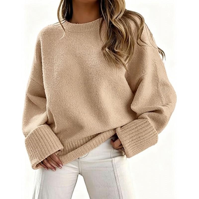 Womens Oversized Crewneck Long Sleeve Fleece Knit Sweater Fall Winter 2026 Soft Warm Casual Streetwear
