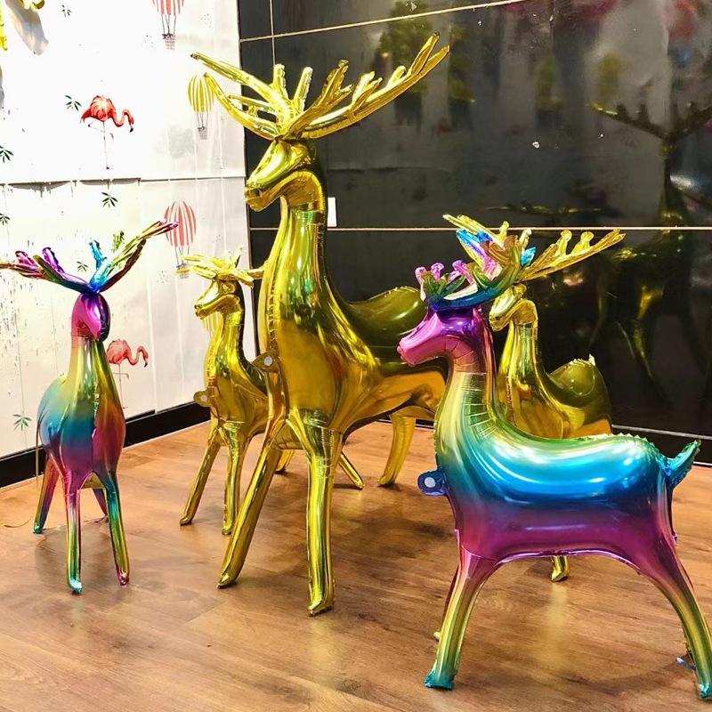 2pcs Elk Foil Balloons Set 4D Christmas Standing Deer Balloon Xmas Rainbow Deer Christmas Balloons Party Decoration Inflatable B