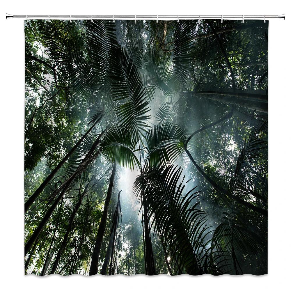 Tropický les Sprchový závěs, Přírodní scenérie Zelená tundra Les Vodopád Řeka Zvíře Most, Koupelnové dekorativní zástěny
