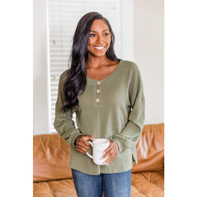 

Весна Осень Женская мода Круглый вырез Вафельный трикотажный худи XXL армия зеленый