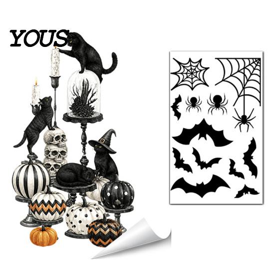 Easy Peel Window Graphics Halloween Spooky Bat Static Clings, Ghost House Glass Stickers, Adhesive-Free Beautification Sets Waterproof Decals for Bar