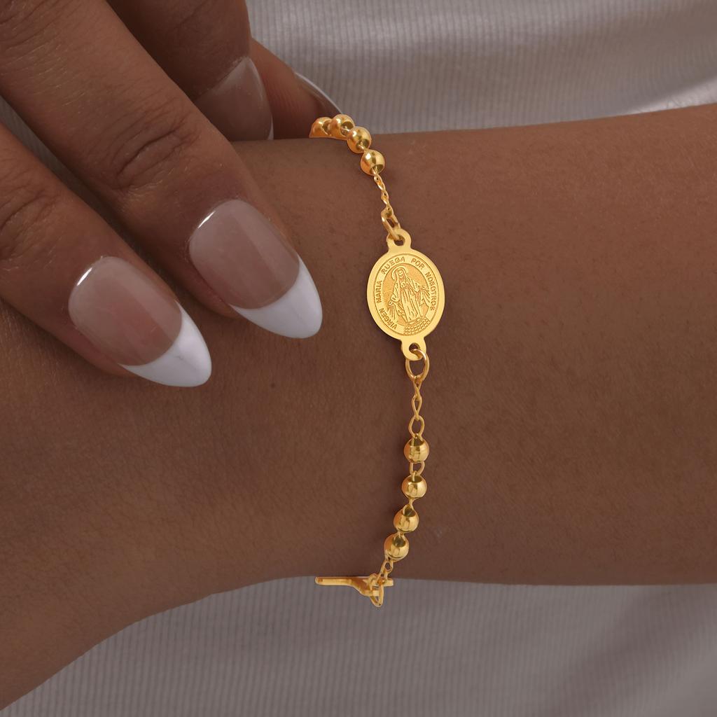 Heiliges dreifarbiges Rosenkranz-Kreuz-Armband für Damen, Edelstahl Goldfarbe Benedikt Runde Perlen Armbänder, Christentum Schmuck