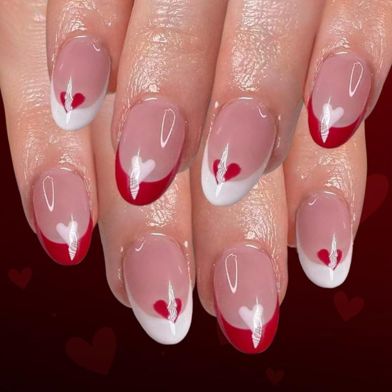 24 Pieces Valentine’s Day Press on Nail Red and White Heart Design Faux Nail Long Use for Parties Weddings 1