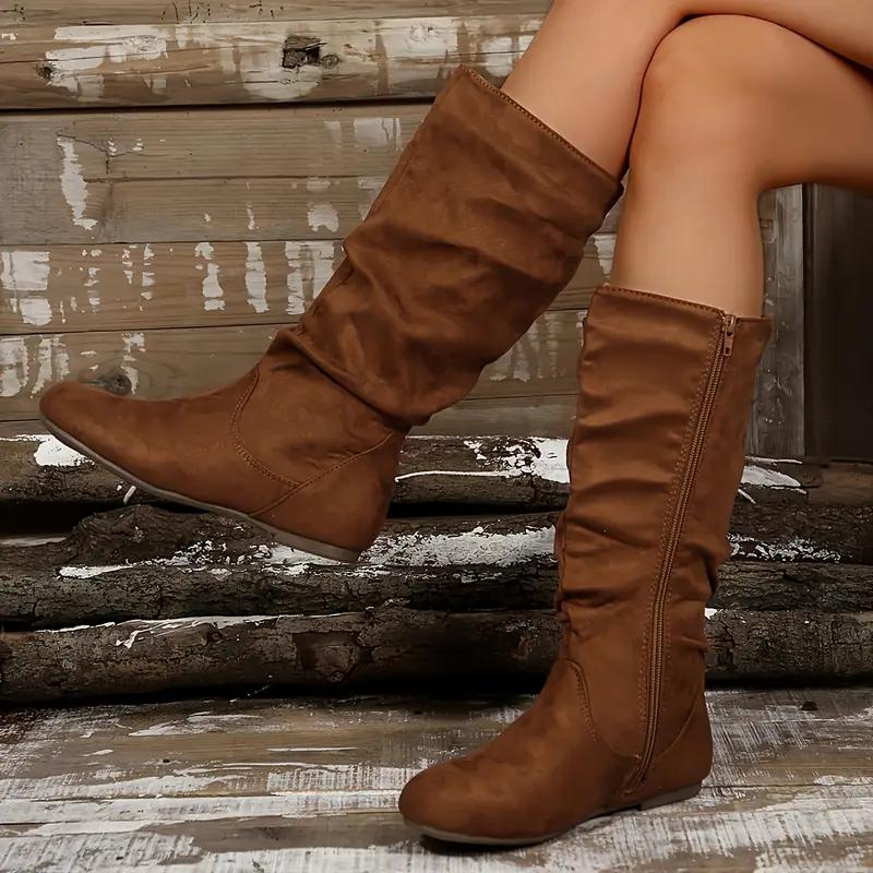 Women's solid color mid-calf ankle boots with pleated design on the boot shaft and zipper on the side. Fashionable Women's ankle boots, suitable