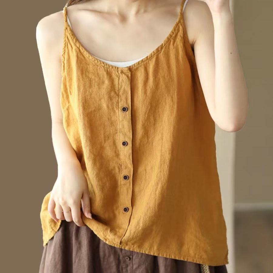 Womens Cotton And Linen Camisole Vest Button Top Summer
