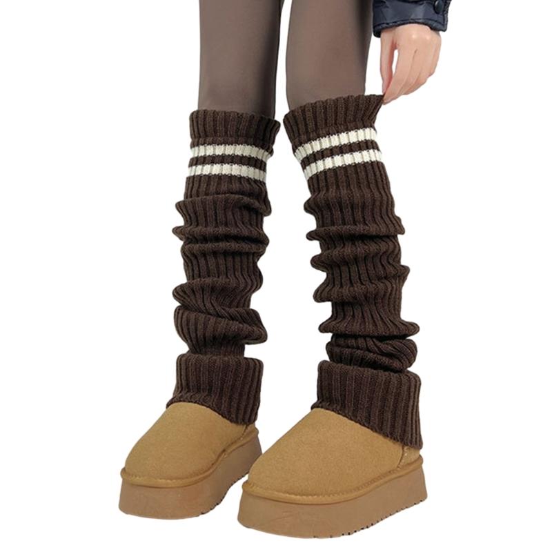 Women Thicken Ribbed Knit Leg Warmer Preppy Style Double Striped Leg Covers Snow Boot Cuffs Over Knee Stacked Long Socks