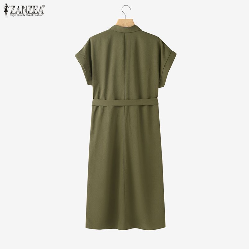 ZANZEA שמלת נשים קז'ואלית עם צווארון הפוך, שרוולים קצרים רפויים