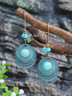 Vintage Round Turquoise Inlaid Ear Zircon Female Ethnic Style Long Earrings