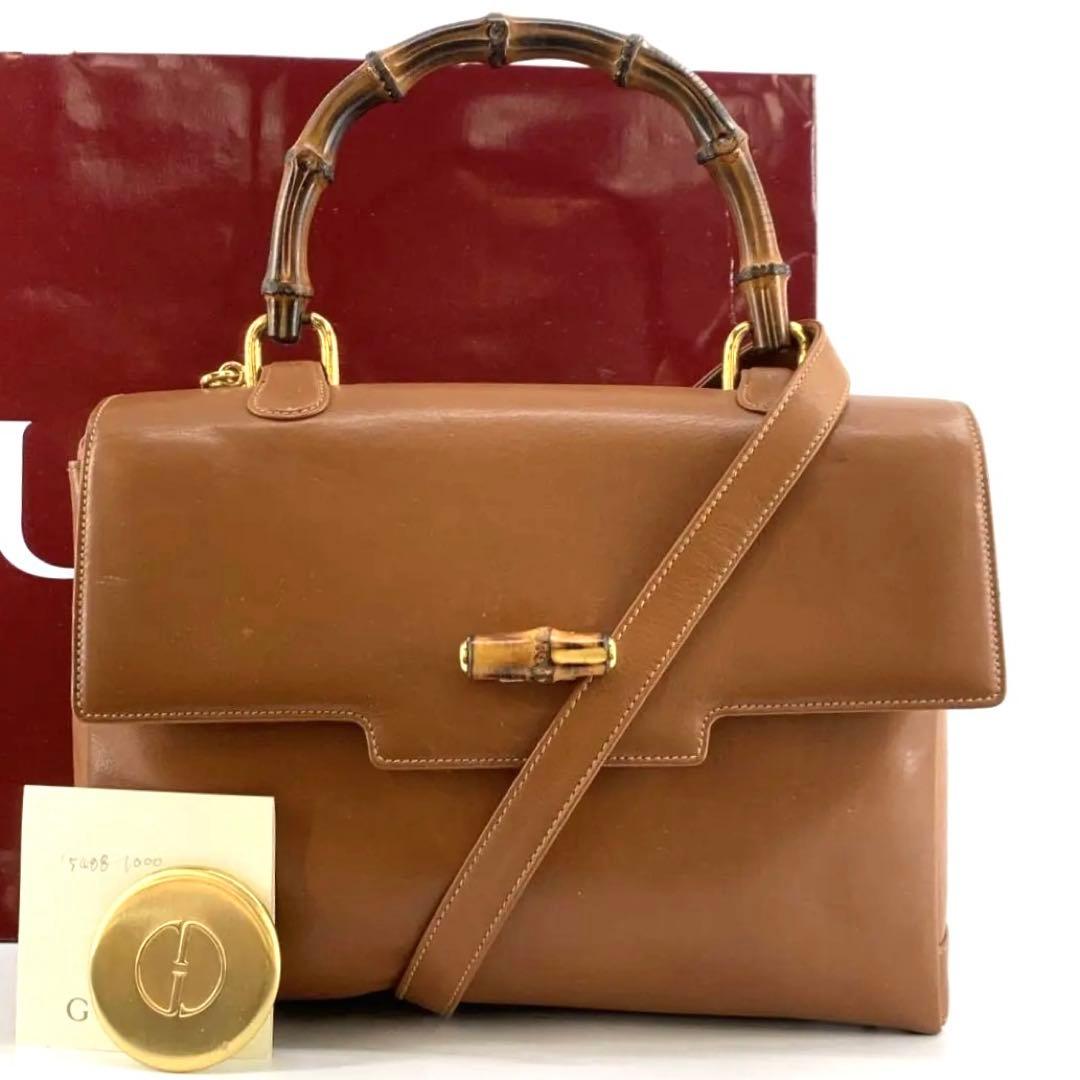 

OLD GUCCI Bamboo 2way Handbag Shoulder Crossbody Bag Top-Handle Brown Gold Hardware Leather